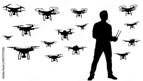 Drone pilot controlling a swarm of drones in a technological and futuristic setting