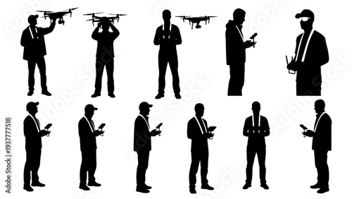Various Silhouettes of People Operating Drones and Remote Controllers in Different Poses