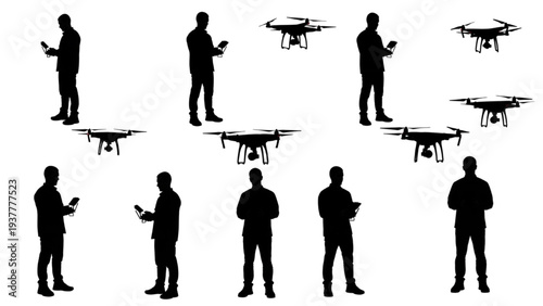 Silhouettes of people controlling drones with remote controls on white background