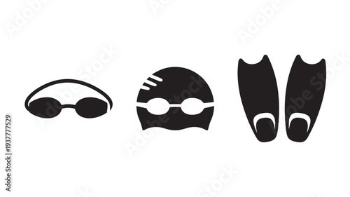 Black Swimming Goggles And Flippers For Water Sports Concepts