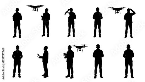 Collection of diverse silhouette figures operating drone technology, isolated on white background