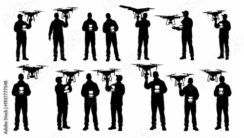 Silhouettes of drone operators with UAVs, showing control and modern aerial technology in various action poses