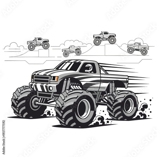 A vector illustration of a monster truck racing with others in the background, depicted in a dynamic pose with motion lines and clouds of smoke on a white background. Perfect for automotive