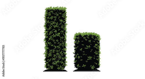 Two stylized green hedges one tall and one small against a white background