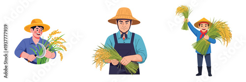 Rice farmers harvesting crop with traditional hats