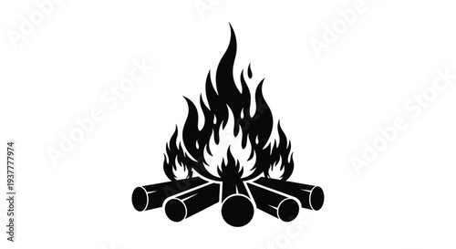 A stylized black silhouette of a burning campfire with logs