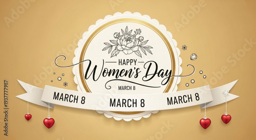 Happy women's day greeting card with floral design and hearts on a gold background for march 8th celebration