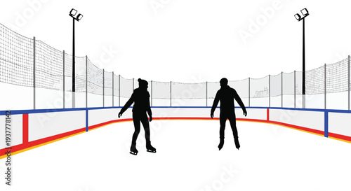 Silhouetted skaters glide across an empty ice rink with colorful borders