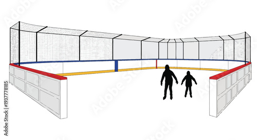 Simplified hockey rink illustration with two silhouetted figures skating