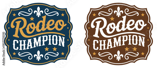 Rodeo Champion Cowboy Label Style Belt Buckle Featuring Bull Rider Medal Typographic Emblem Ornate Western Vector Design for Rodeo Events Western Culture and Cowboy Illustration