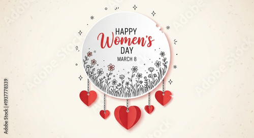 Happy women's day greeting card with red hearts and flowers on cream background for celebration