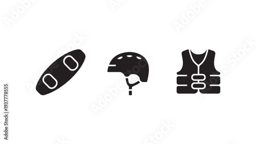 Black Icons Of Surfboard Helmet And Life Vest On White Background For Water Sports