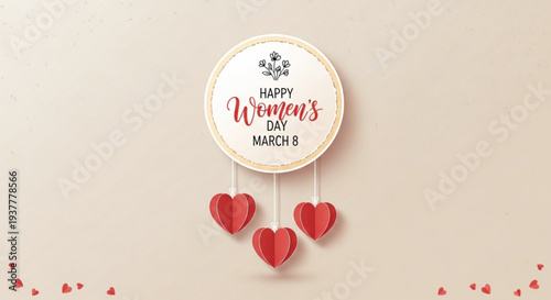 Happy women's day greeting card with red hearts on beige background march 8 celebration