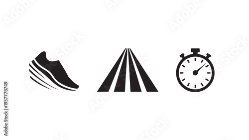 Black Icons Of Running Shoe, Road, And Stopwatch On White Background For Fitness Concepts