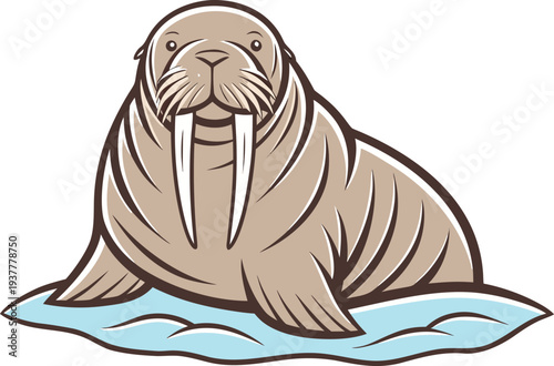 Walrus Animal Sitting On Ice. Arctic Walrus With Long Tusks. Walrus Marine Mammal Side View. Walrus Animal In Polar Habitat. Walrus With Large Tusks Concept. Arctic Walrus Resting On Ice. Walrus Marin