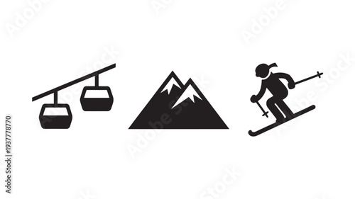 Black Silhouette Of Skier On Mountain With Ski Lift For Winter Sports Concepts