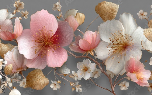 Close-up view of delicate pastel blossoms and leaves with hints of gold, set against a muted gray background