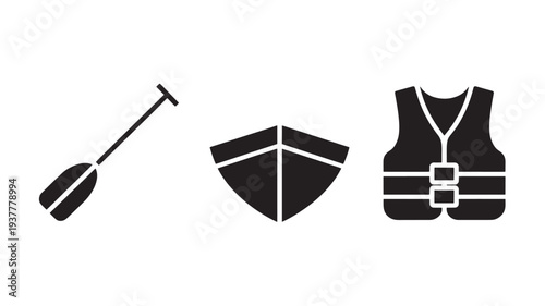 Black Icons Of Paddle, Helmet And Life Jacket On White Background For Safety And Sports Concepts