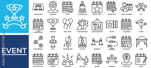 Event icon set collection. Containing singer, seminar, contest, microphone, networking, performance, conference .Line vector icons collection