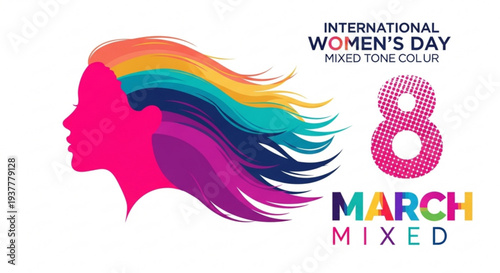 International women's day mixed tone color illustration on white background with rainbow hair and pink silhouette
