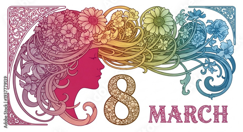 Vibrant woman's silhouette with floral hair and march 8th date in colorful ornate design for international women's day celebration