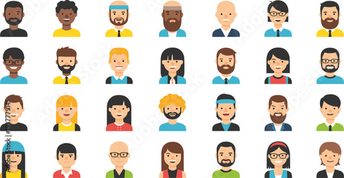 Large Diverse People Avatar Collection with Men and Women Characters for User Profile Icons, Social Media Accounts, Website UI, and Community Illustration Design.