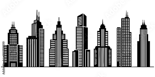 SEO Optimized Title:
Modern City Skyline Silhouette Set: Corporate Skyscrapers and Urban High-Rise Building Icons
