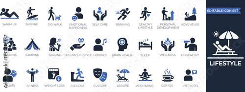 Lifestyle icons set. Containing running, wellness, happiness, healthy lifestyle, relationships, routine, diet, exercise, sleep, self-care, culture, and hobbies icons. Solid icon collection.