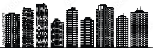 SEO Optimized Title:
Modern City Skyline Silhouette Set: Corporate Skyscrapers and Urban High-Rise Building Icons