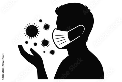 Man wearing protective medical face mask against virus bacteria or air pollution silhouette icon for healthcare and safety vector graphics