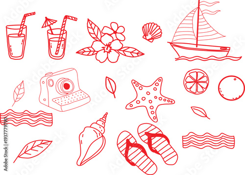 Collection of charming hand drawn red outline summer vacation elements featuring tropical drinks a sailboat seashell starfish flip flops and travel accessories perfect for seaside design projects
