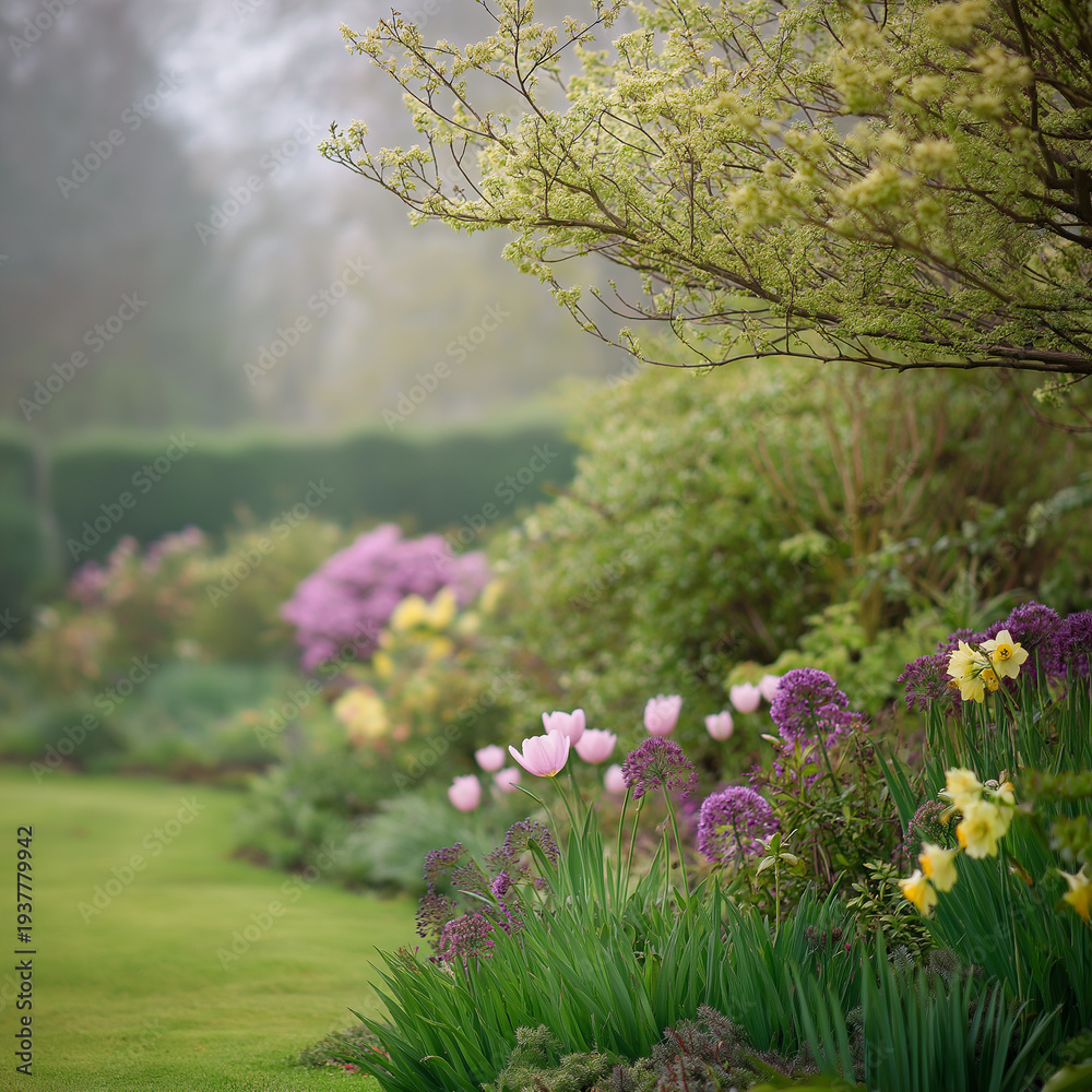 Fototapeta premium Spring blooms awaken a serene natural landscape in a peaceful European setting Generative AI