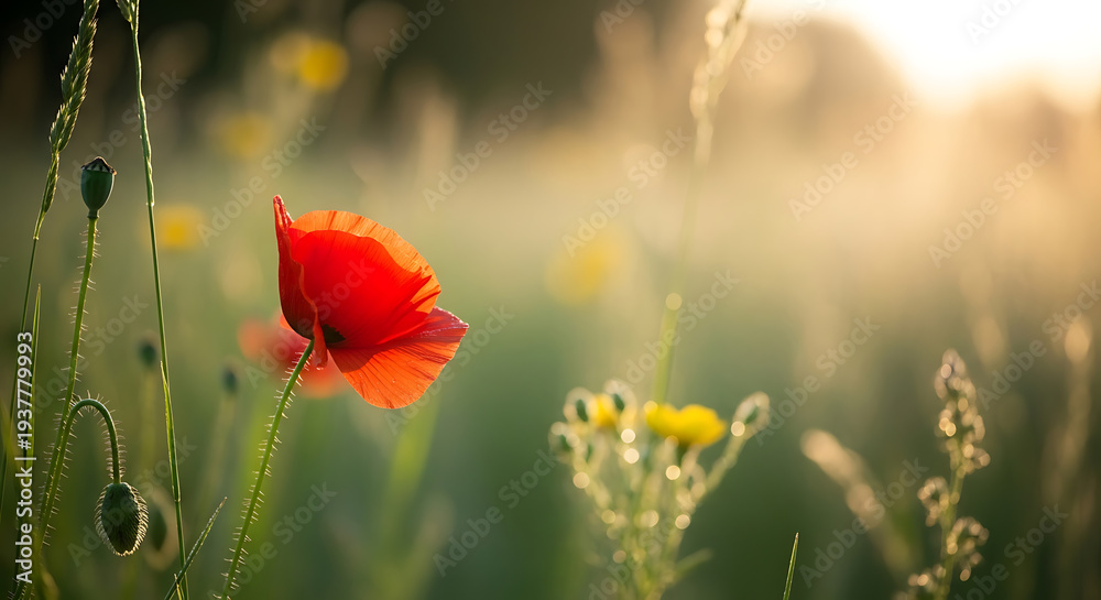 Obraz premium A vibrant poppy sways gently in a sunlit field of wildflowers and green grass at sunset.