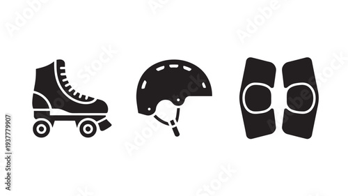 Black Icons Of Roller Skate, Helmet And Knee Pads On White Background For Sports Equipment Concepts