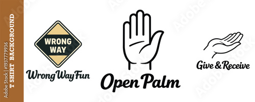 Creative graphic design featuring a wrong way road sign with hand gestures and text for giving and receiving isolated