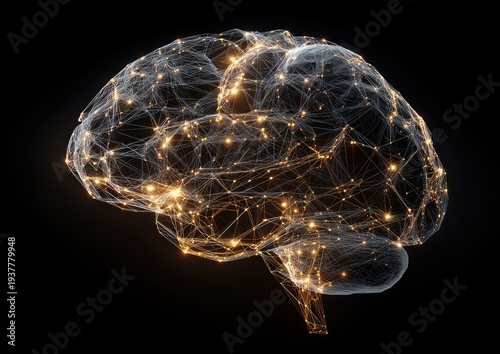 A 3D rendered brain depiction, composed of interconnected glowing nodes, symbolizing neural networks, set against a dark background