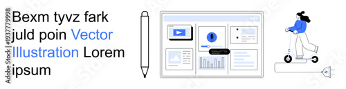 Digital work, multitasking, eco-transport, energy, modern commuting, remote work. Workspace dashboard with graphs, video screen pen person on scooter. Digital work and multitasking
