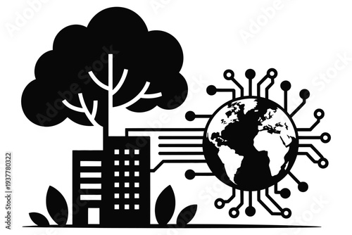 Sustainable city and digital earth concept, green urban development, smart city with nature, environmental technology vector