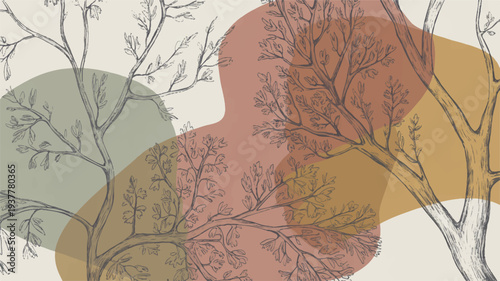 Minimalist abstract art with tree branches and colorful shapes on beige background creating a calming atmosphere