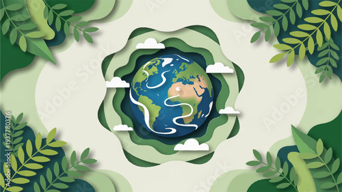 Earth surrounded by lush green leaves and clouds on a light background symbolizing eco friendly environment and sustainability