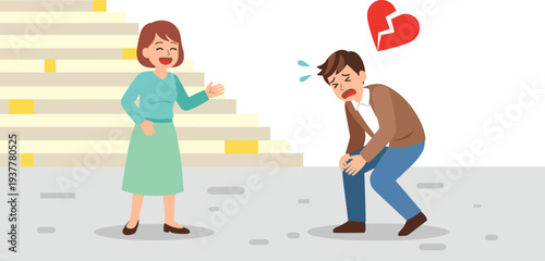 Sad heartbroken man crying after rejection by happy woman, relationship conflict and unrequited love illustration