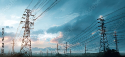 A scenic photo capturing the sprawling landscape of power lines and towering electrical structures beneath a dynamic, cloudy sky