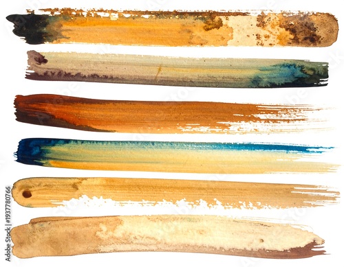 Six abstract watercolor brushstrokes ranging in color from earth tones to blues on a white background