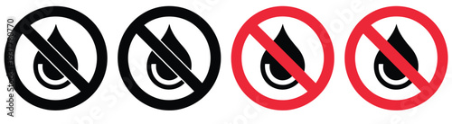 No, water resistance icon featuring no waterproof symbol, prohibition sign, product warning illustration, flat vector design for labeling, apps, websites, and digital interfaces