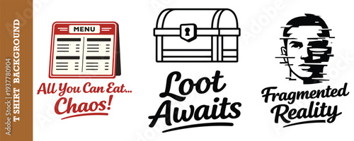 Creative vintage t shirt design collection featuring food chaos treasure and reality concepts isolated