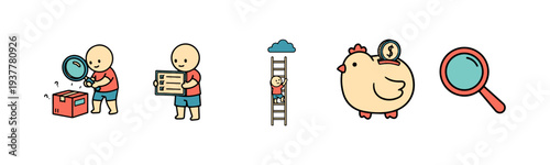 Cartoon characters solving problems and achieving success in business