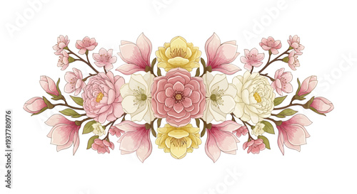 Vibrant floral arrangement with roses, peonies, and cherry blossoms on white background