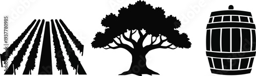 Vineyard and Winery Silhouette Set: Grapevine Rows, Oak Tree, and Wine Barrel Icons
