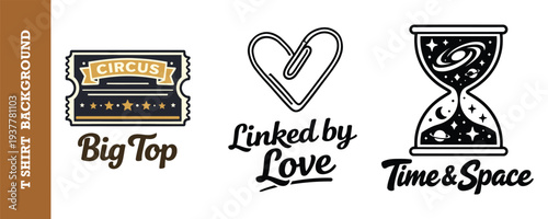Creative vintage tshirt design collection featuring circus big top paperclip love and time space concepts