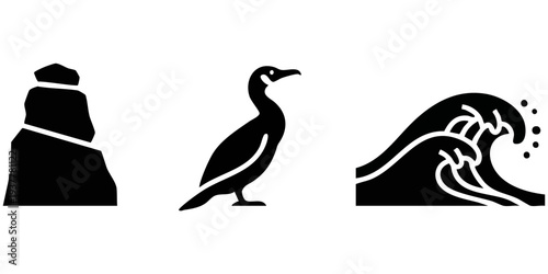 Coastal Nature Silhouette Set: Ocean Wave, Cormorant Sea Bird, and Rock Formation Icons